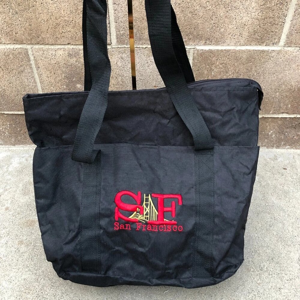 Vintage 90s SF SAN FRANCISCO Tote Bag Zipper Shoulder Bag Black Embroidered